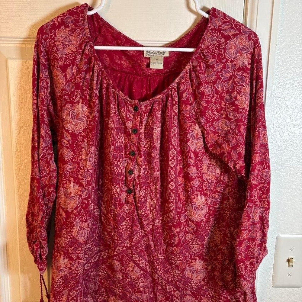 Lucky Brand Red Paisley Floral Tassel Sleeve Henley Peasant Blouse Top M